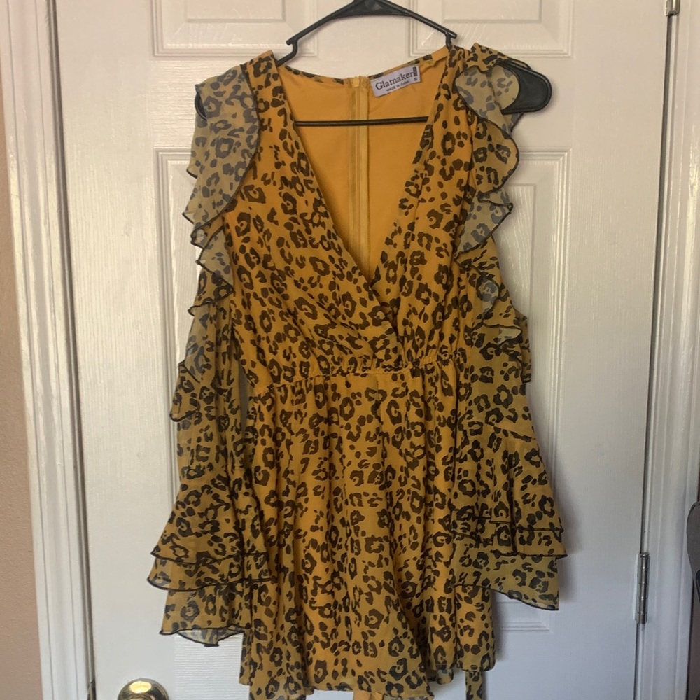 Glamaker Mustard Leopard Ruffle Romper
